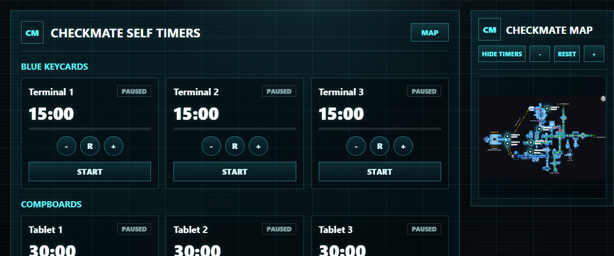 Checkmate timer cards with terminal timers and controls.